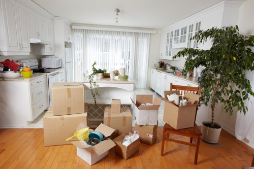Furniture and boxes being loaded for a commercial relocation in central London